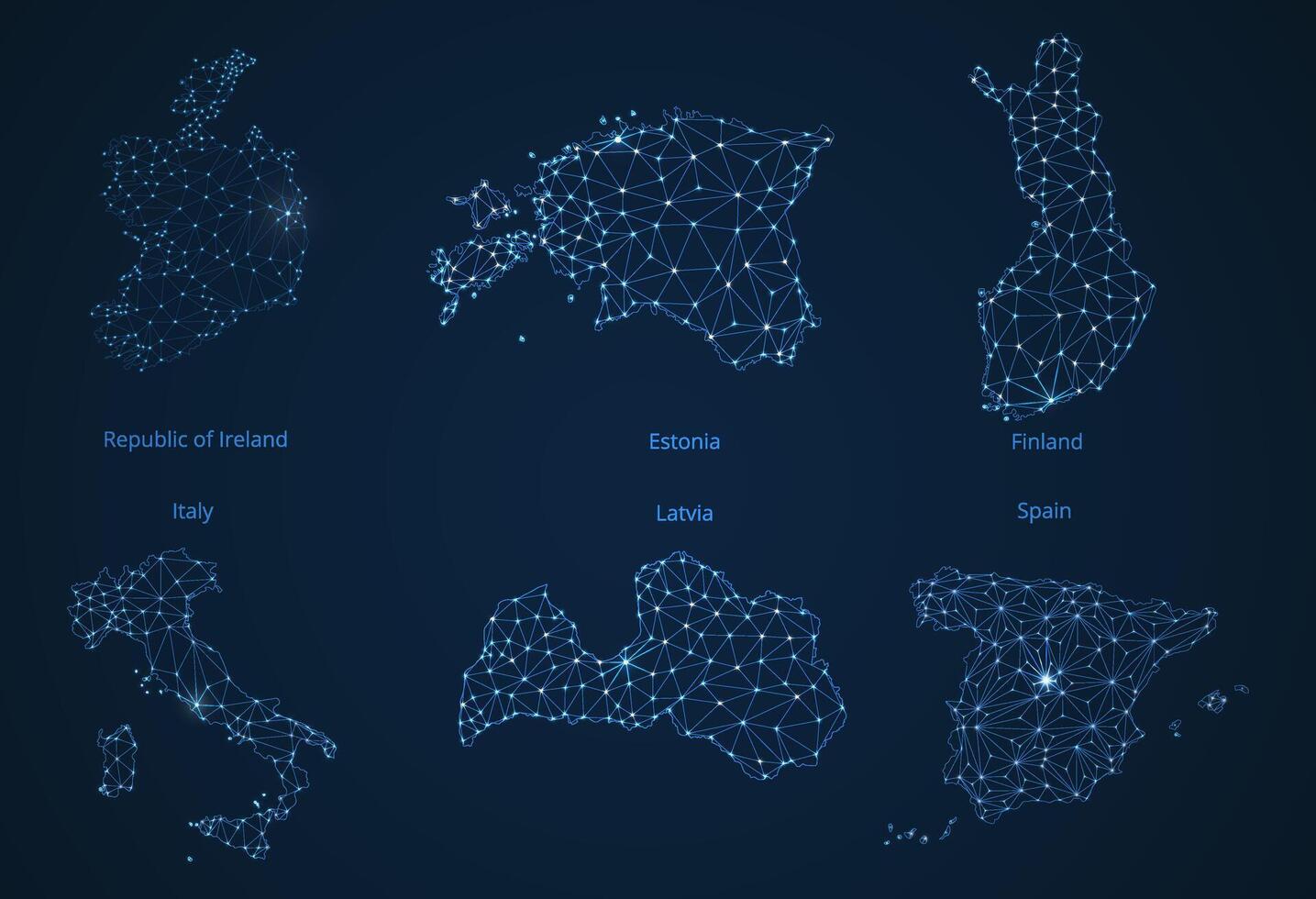 Map of communication networks of 6 countries of Europa. poly image of a global map with lights in the form of cities or population density, consisting of points and shapes in the form of stars. vector