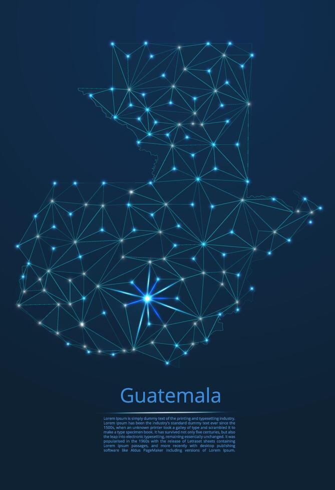 Guatemala communication network map. low poly image of a global map with lights in the form of cities in or population density consisting of points and shapes in the form of stars and space. vector