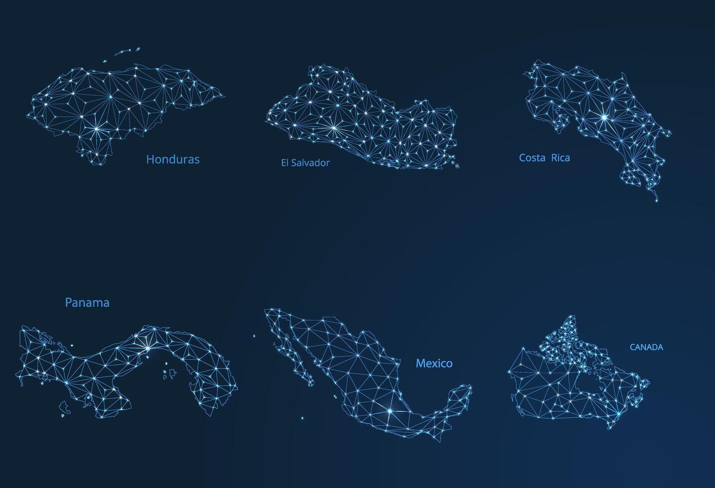 Map of communication networks of 6 countries in North America. A image of a poly global map with lights in the form of cities or a population density consisting of points and shapes in the form vector