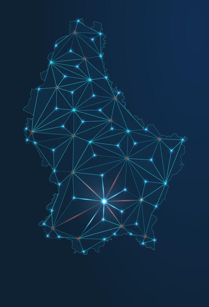 Map of Luxembourg connection. low-poly image of a global map with lights in the form of cities or population density, consisting of points and shapes in the form of stars and space. vector
