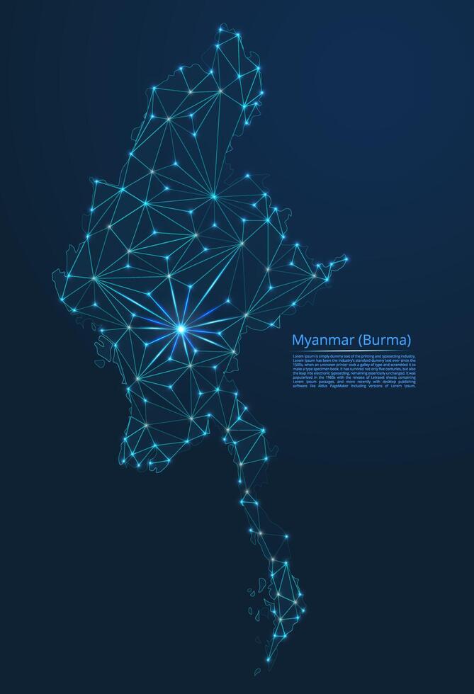 Map of Myanmar, Burma connection. low-poly image of a global map with lights in the form of cities or population density, consisting of points and shapes in the form of stars and space. vector