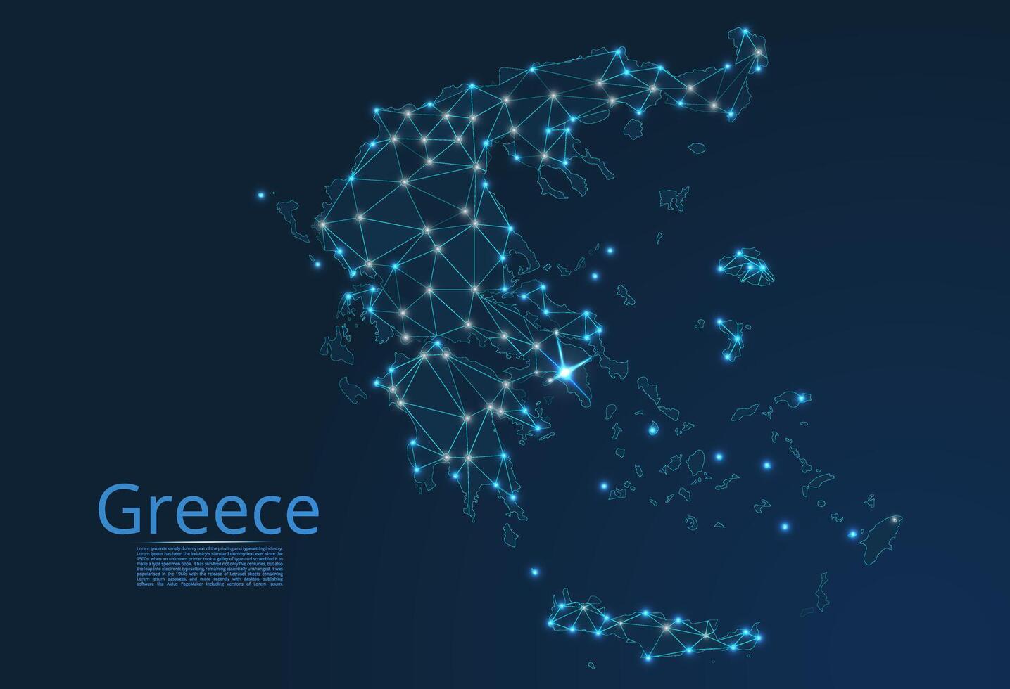 Map of Greece connection. low-poly image of a global map with lights in the form of cities or population density, consisting of points and shapes in the form of stars and space. vector