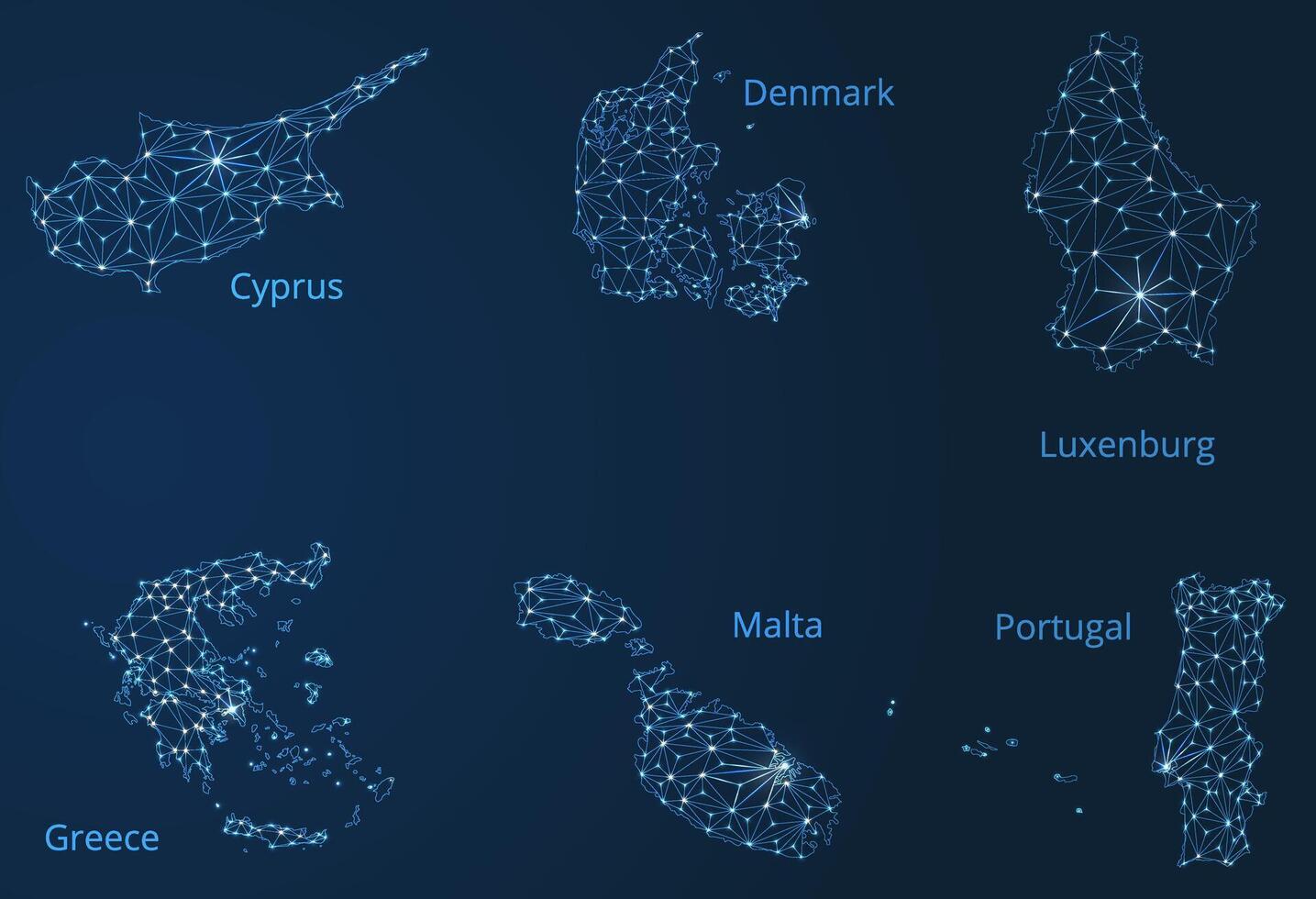 Map of communication networks of 6 countries of Europa. poly image of a global map with lights in the form of cities or population density, consisting of points and shapes in the form of stars. vector