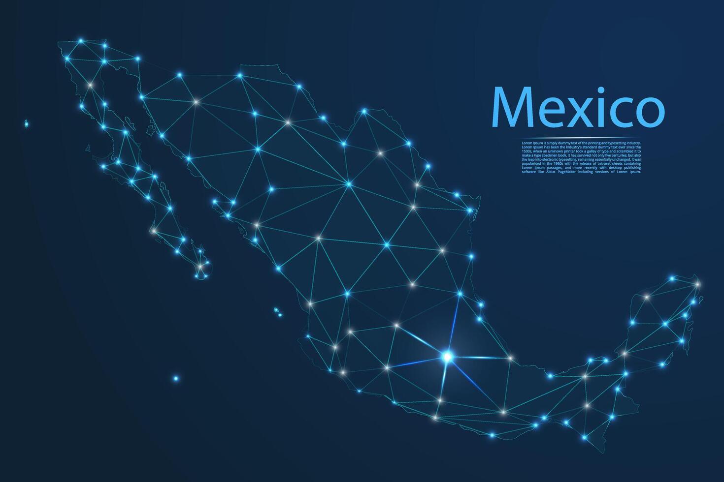 Map of Mexico connection. low-poly image of a global map with lights in the form of cities or population density, consisting of points and shapes in the form of stars and space. vector