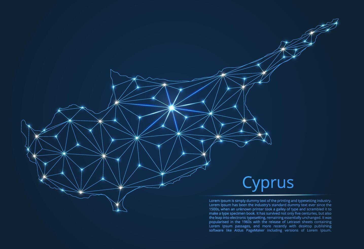 Map of Cyprus connection. low-poly image of a global map with lights in the form of cities or population density, consisting of points and shapes in the form of stars and space. vector