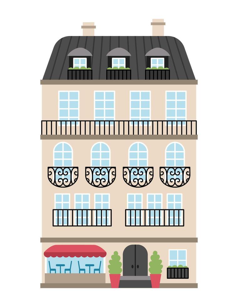 block of flats icon. Paris traditional house illustration. Historical French building picture with cafe isolated on white background vector