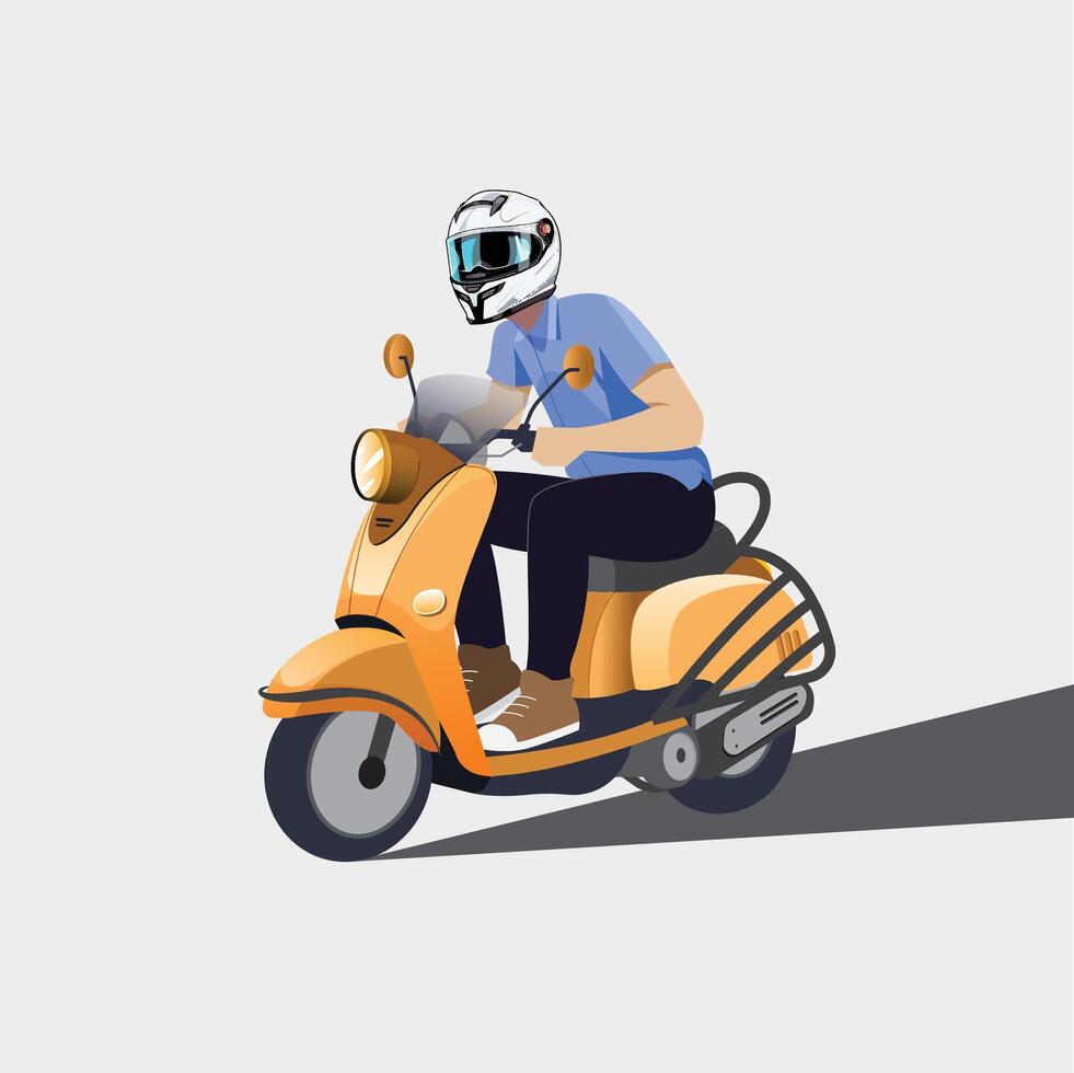 A man riding a scooter with a helmet on. Boy riding bike with white background vector