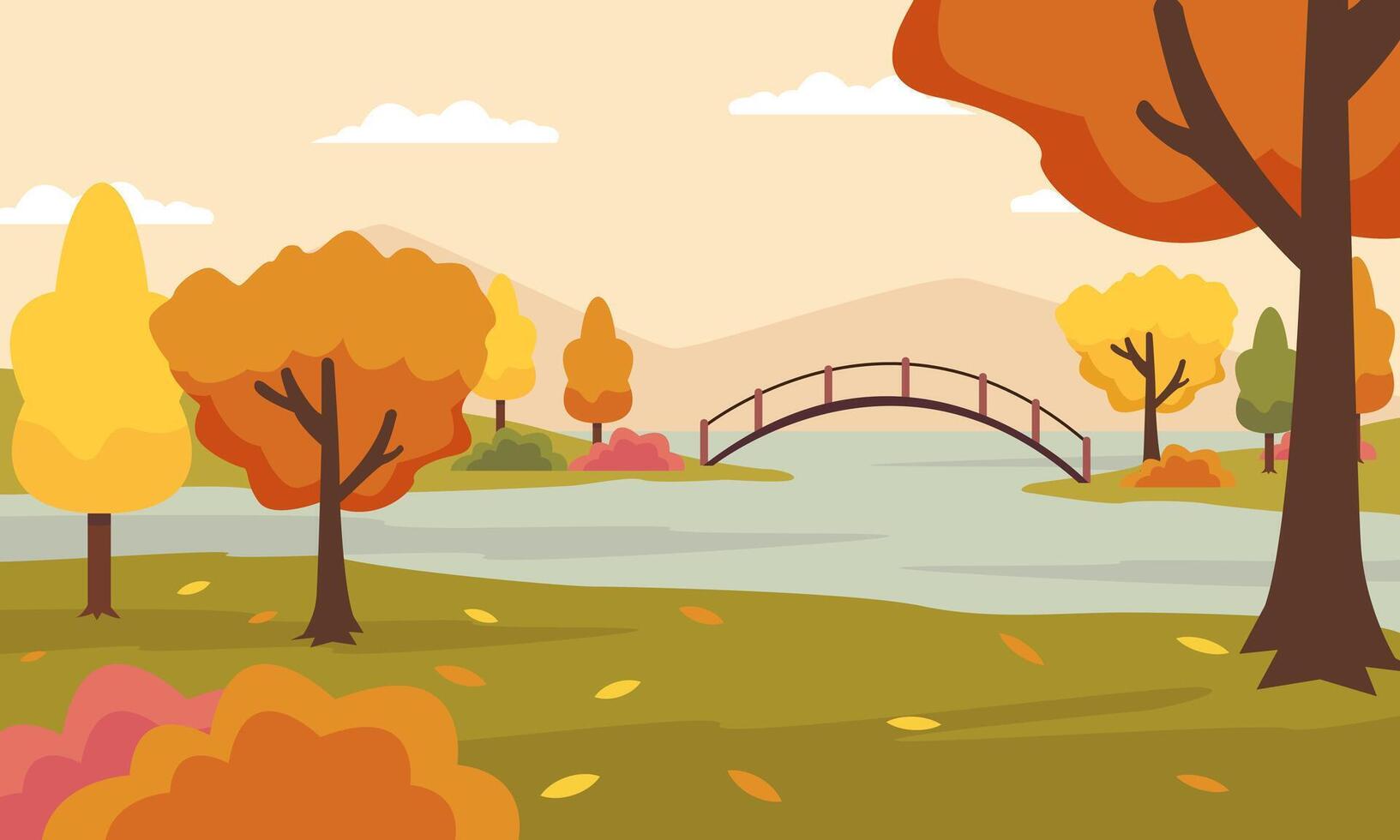 Illustrations of nature, autumn natural landscape, mountains, trees, bridge, river, fields for background or banner. Flat design, cute cartoon style vector