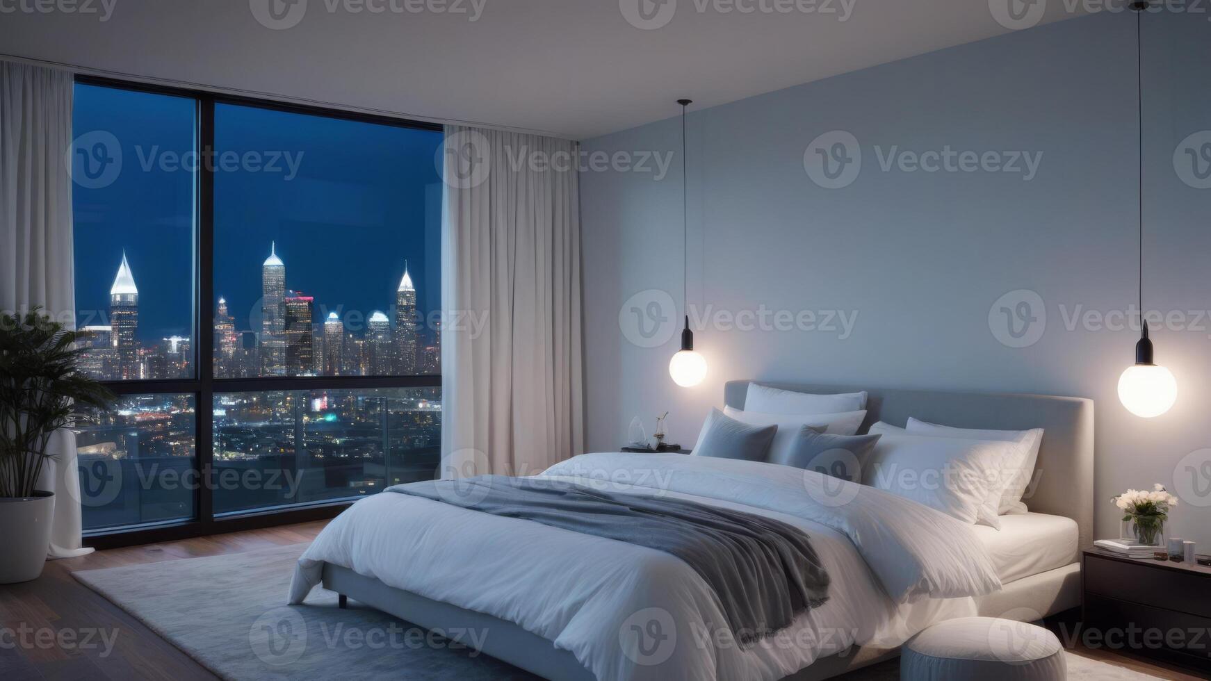A comfortable bedroom with a night view of city buildings outside the window photo