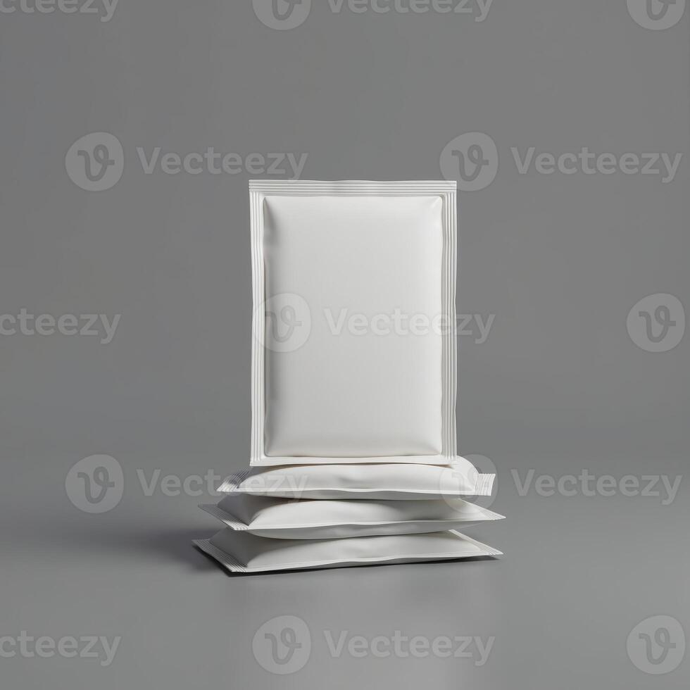 empty white plastic sachet packaging isolated on white background photo