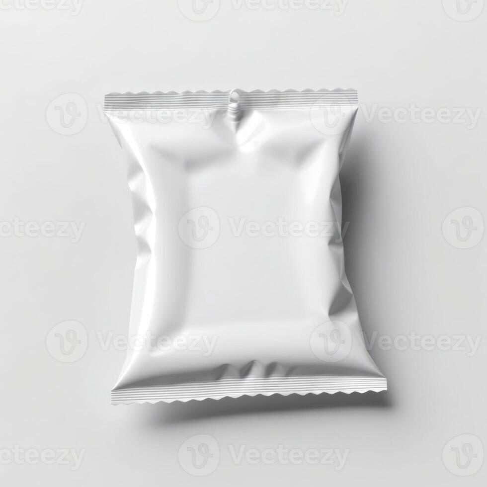 Blank white sachet package isolated on white. Small packaging sachet mockup. photo