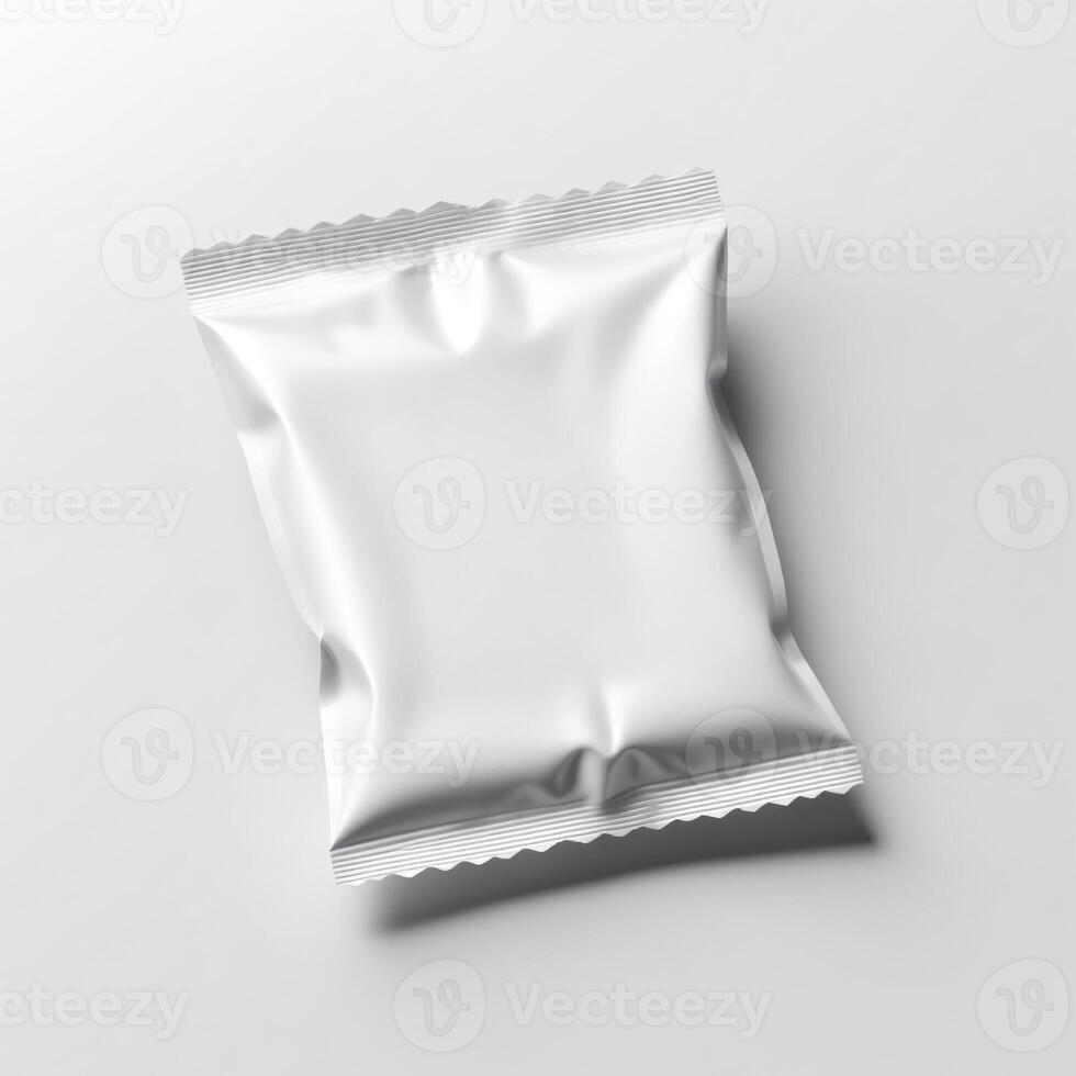 Blank white sachet package isolated on white. Small packaging sachet mockup. photo