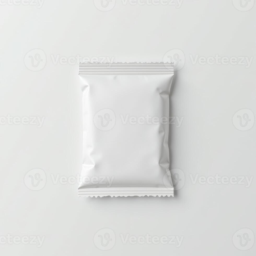 Blank white aluminum foil plastic sachet packaging mockup isolated on white background photo