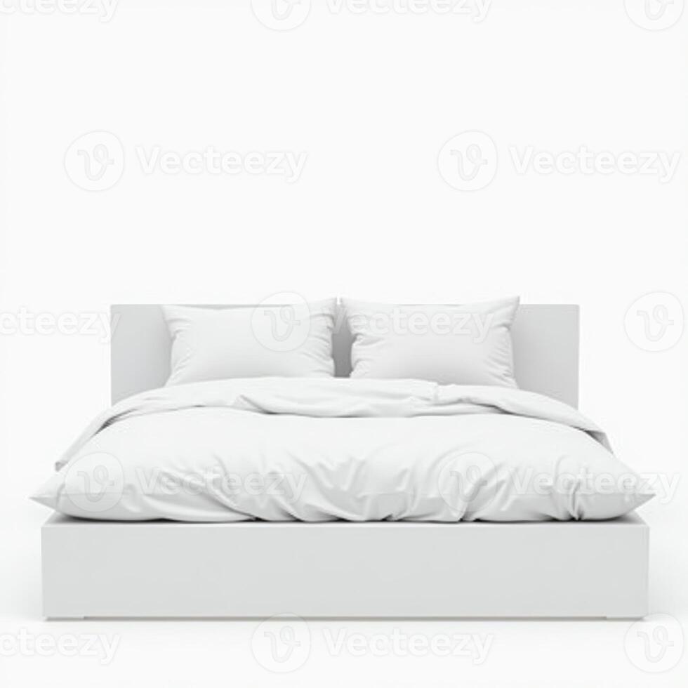 Cozy white bedroom with blanket and pillow isolated on white background photo