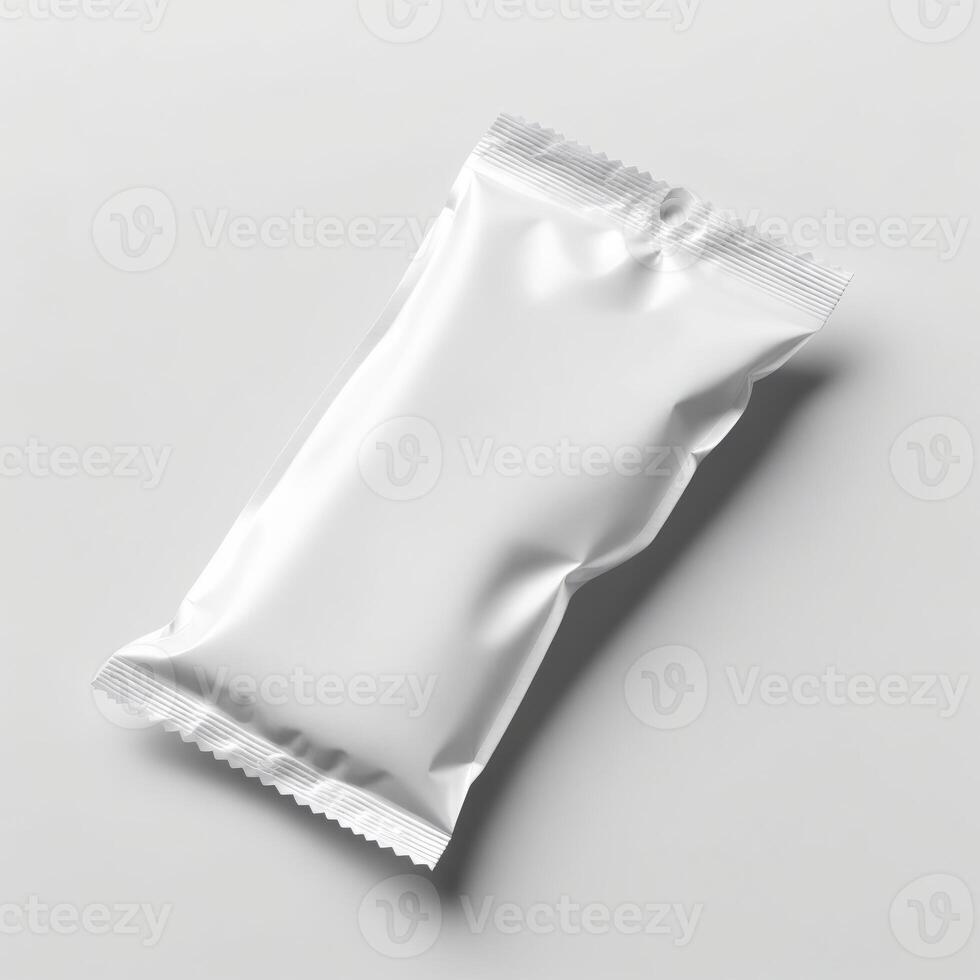 Blank white sachet package isolated on white. Small packaging sachet mockup. photo