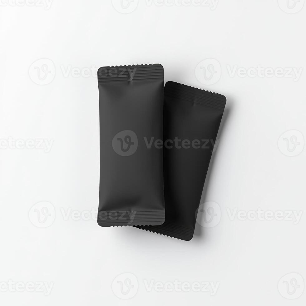 Blank black aluminum foil plastic sachet packaging mockup isolated on white background photo