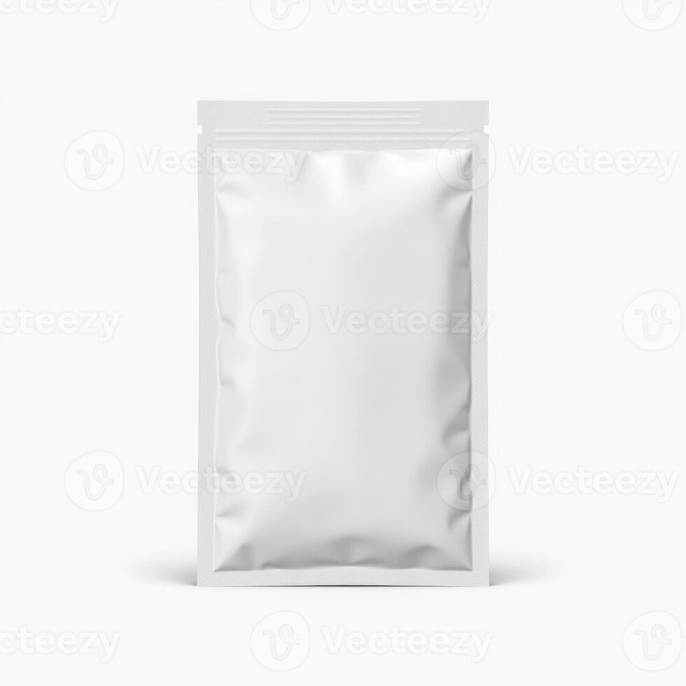 Blank white aluminum foil plastic sachet packaging mockup isolated on white background photo