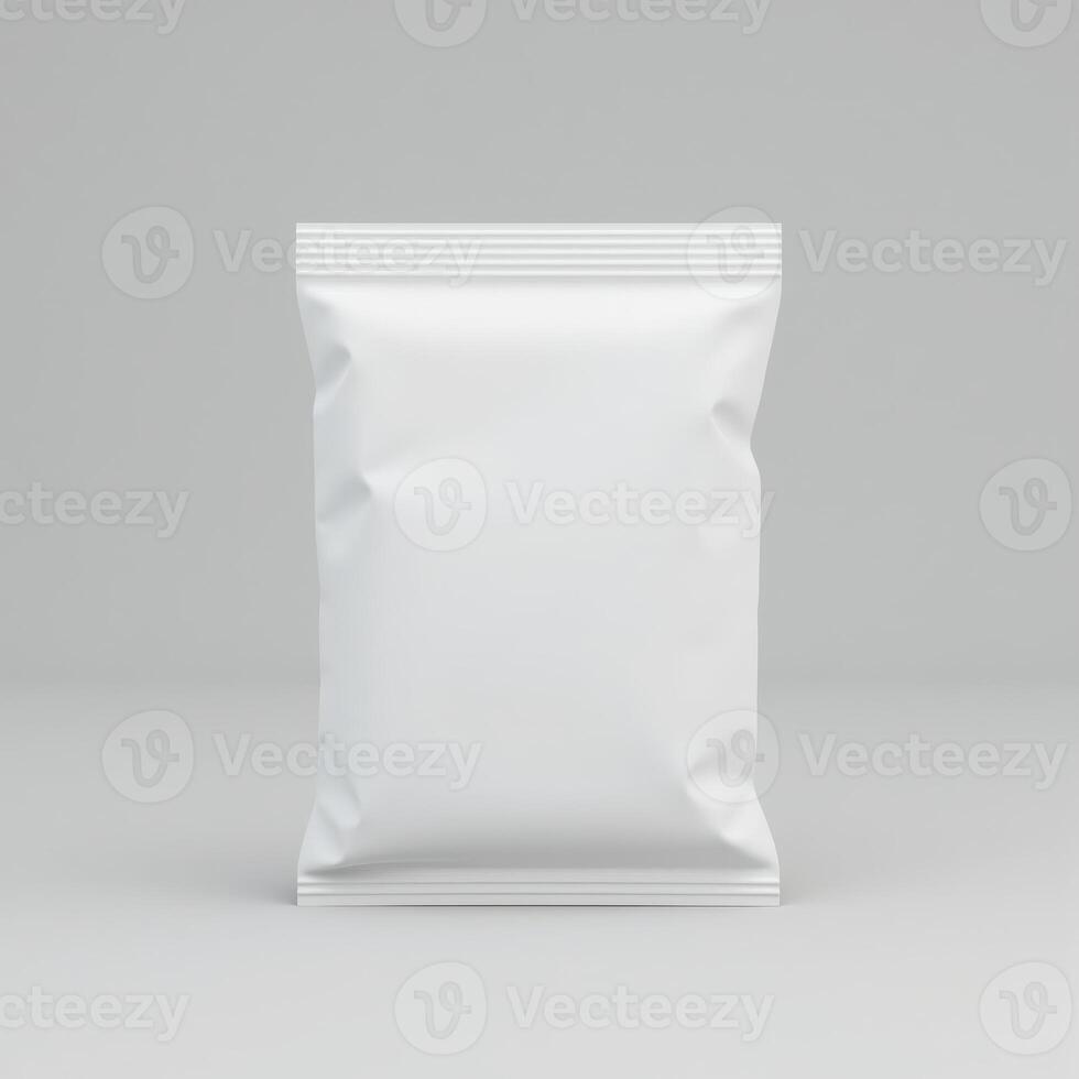 empty white plastic sachet packaging isolated on white background photo