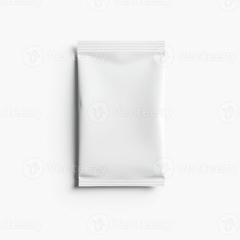 Blank white aluminum foil plastic sachet packaging mockup isolated on white background photo