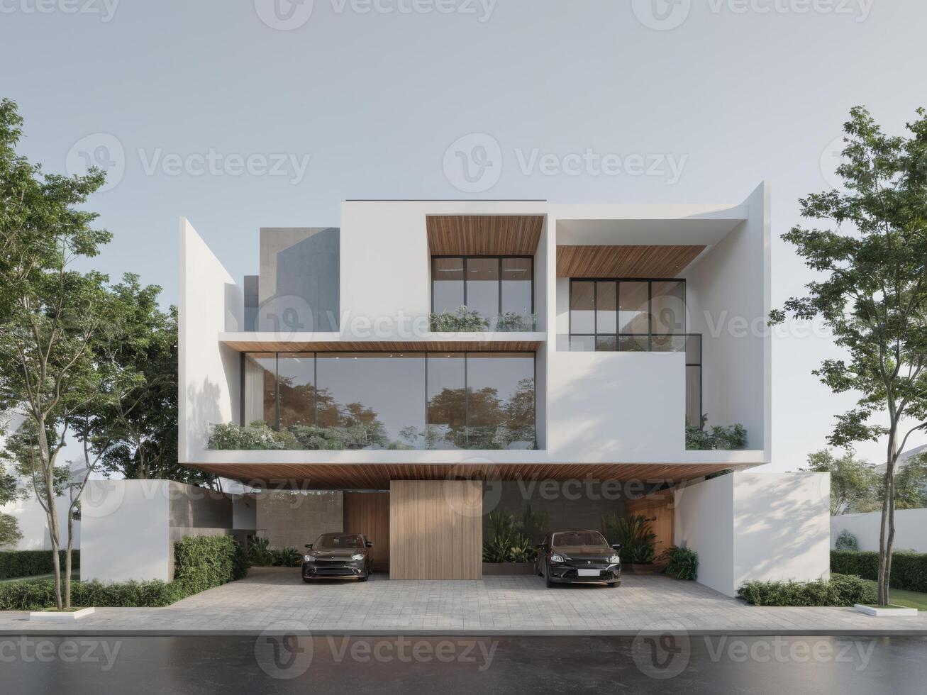 Modern minimalist white apartment building with spacious balconies and large glass windows, surrounded by lush greenery photo