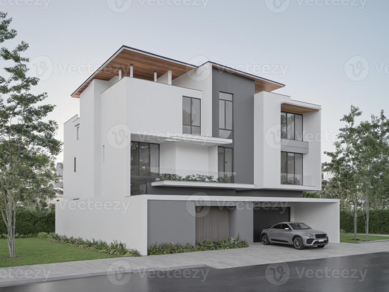 Contemporary three-story residential complex with sleek architectural design and a stylish car parked in front photo