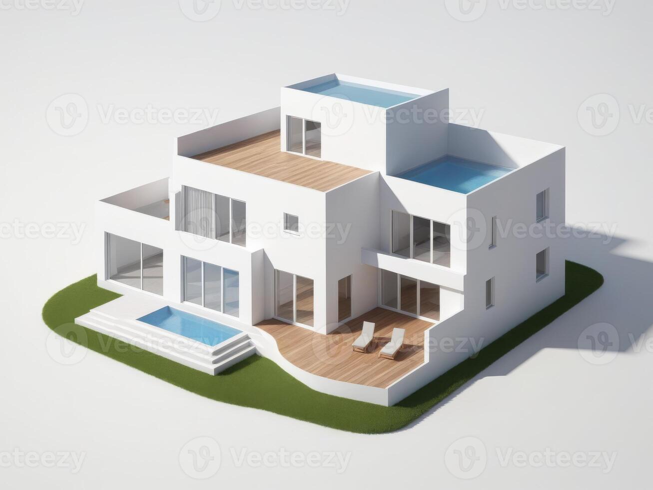 Modern minimalist white apartment building with spacious balconies and large glass windows, isolated on white background. photo