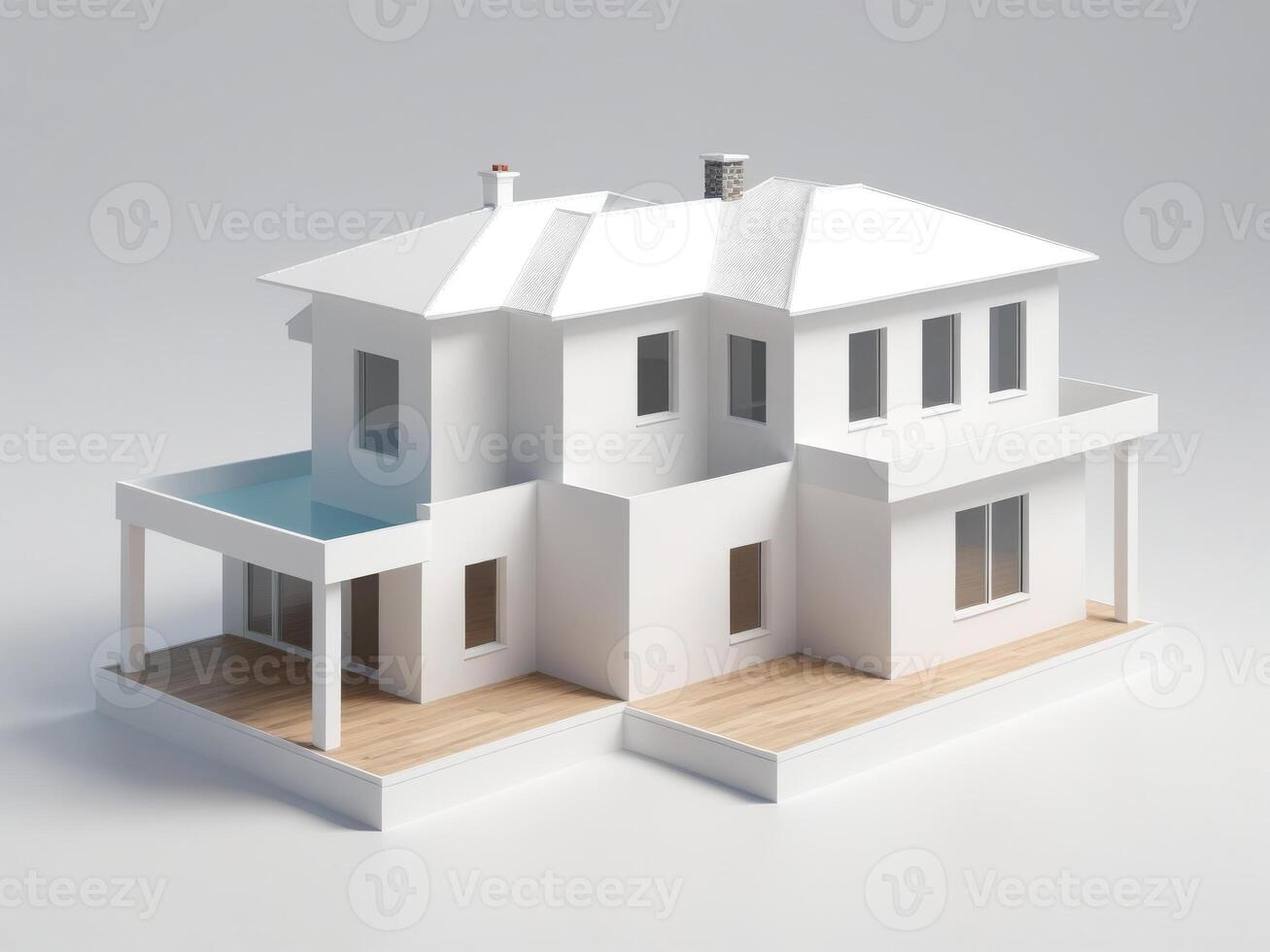Modern minimalist white apartment building with spacious balconies and large glass windows, isolated on white background. photo