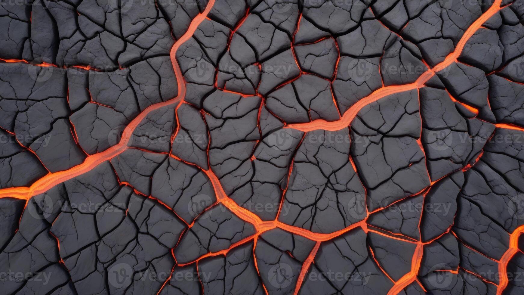 Hot lava through cracked ground background. Burnt black magma and soil texture. The surface of an active volcano. photo