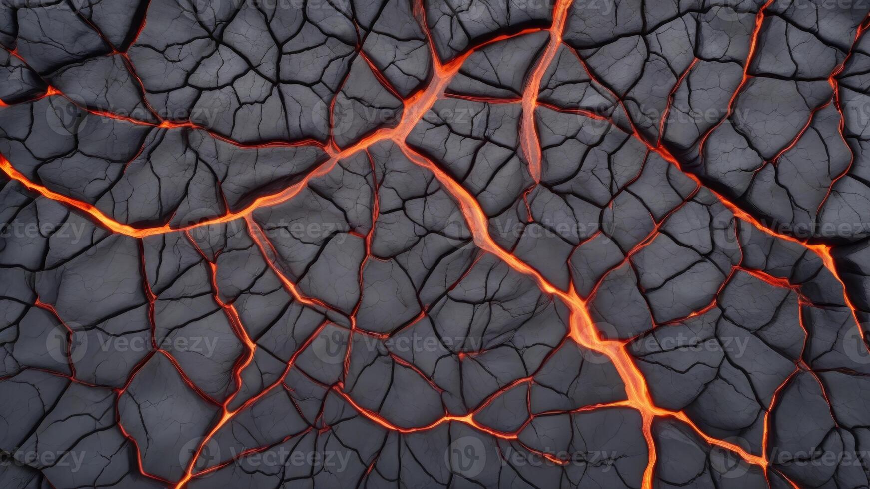 Hot lava through cracked ground background. Burnt black magma and soil texture. The surface of an active volcano. photo