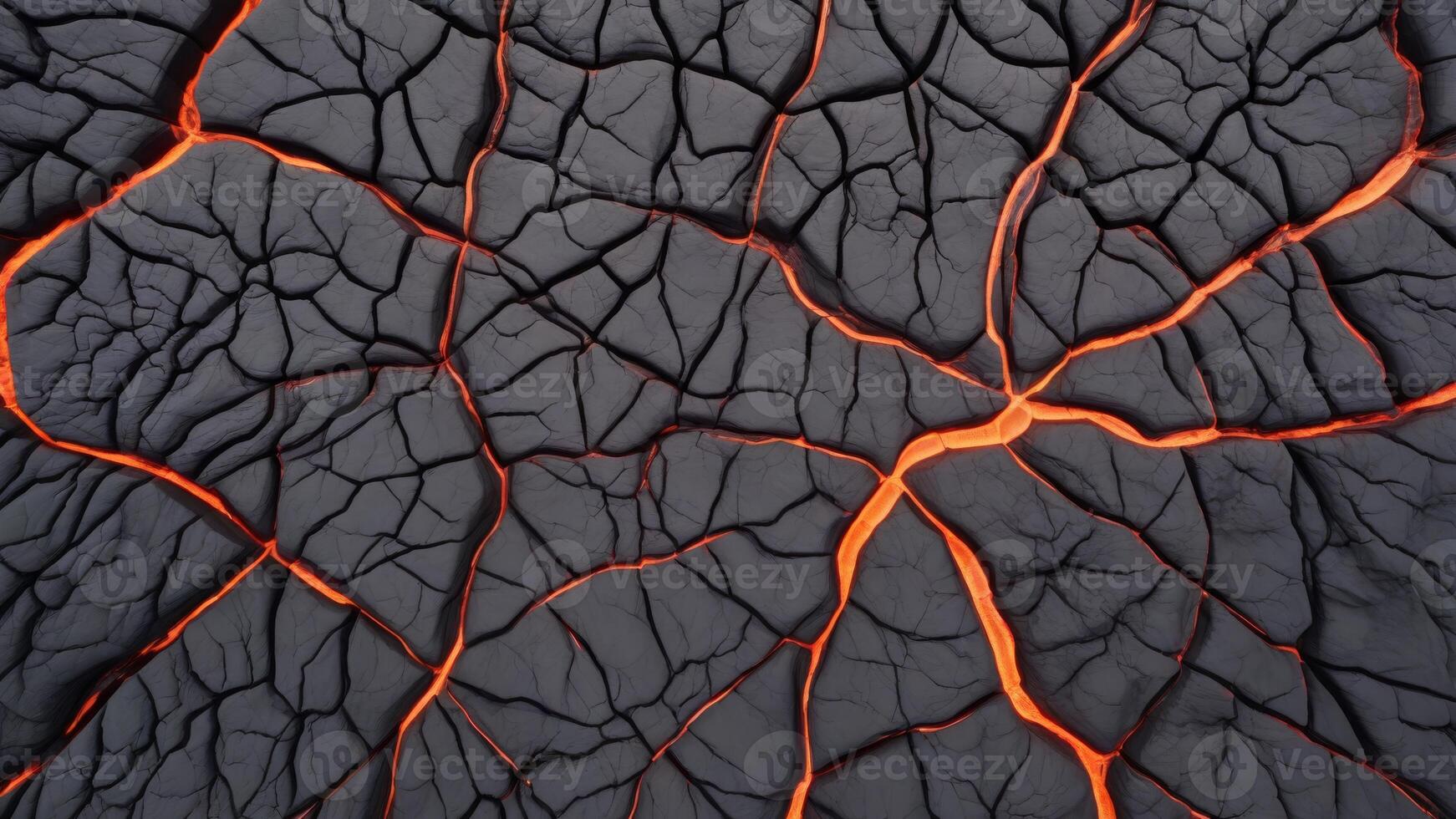 Hot lava through cracked ground background. Burnt black magma and soil texture. The surface of an active volcano. photo