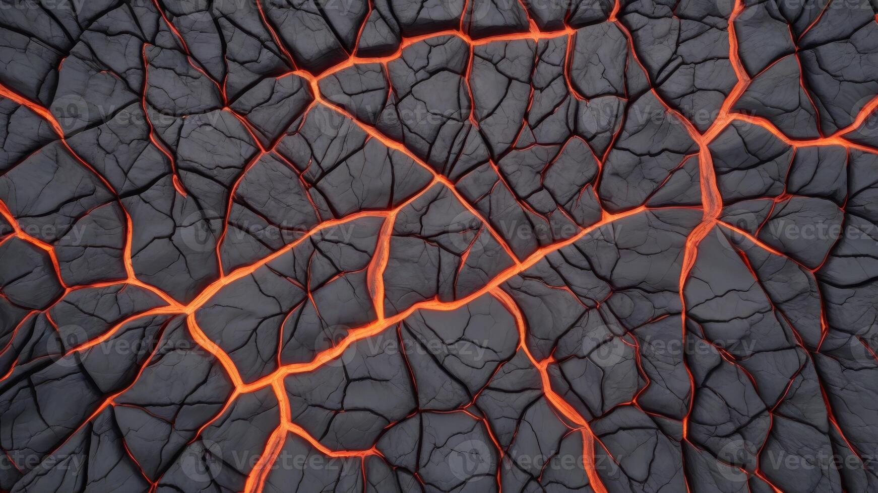 Hot lava through cracked ground. Burnt black magma and soil texture. background Surface of an active volcano. photo