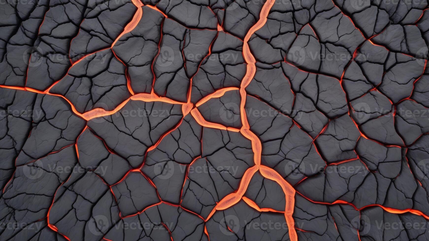 Hot lava through cracked ground. Burnt black magma and soil texture. background Surface of an active volcano. photo