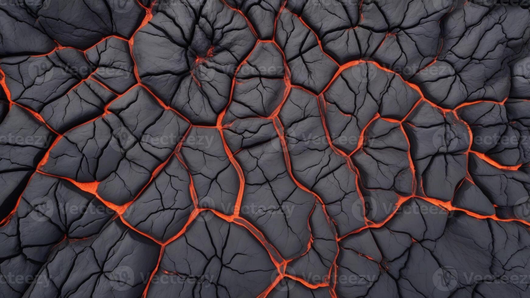 Hot lava through cracked ground. Burnt black magma and soil texture. background Surface of an active volcano. photo
