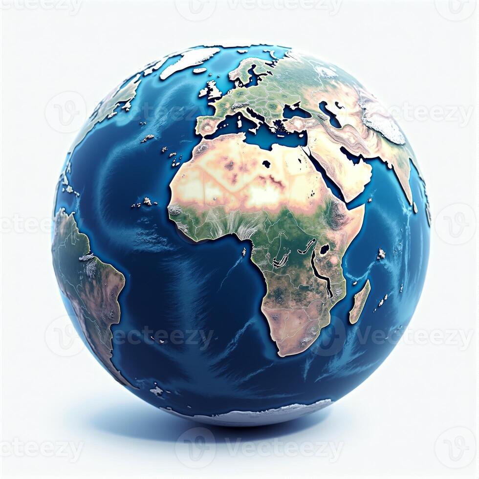 A polished 3D globe of Earth, showcasing its natural topography, set against a pure white background for a clean, modern look. photo
