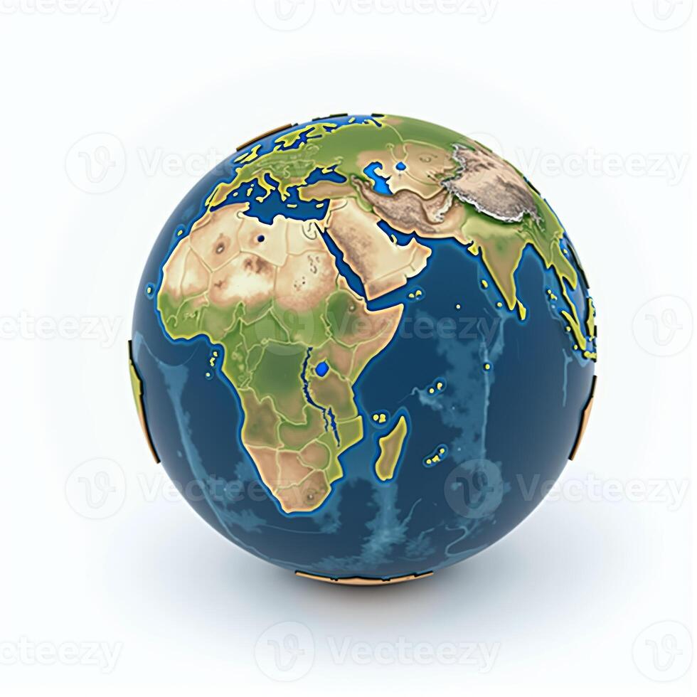 A polished 3D globe of Earth, showcasing its natural topography, set against a pure white background for a clean, modern look. photo