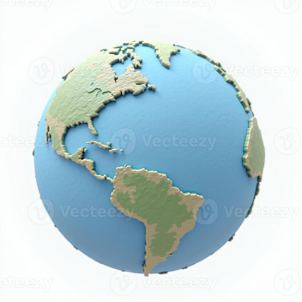 A polished 3D globe of Earth, showcasing its natural topography, set against a pure white background for a clean, modern look. photo
