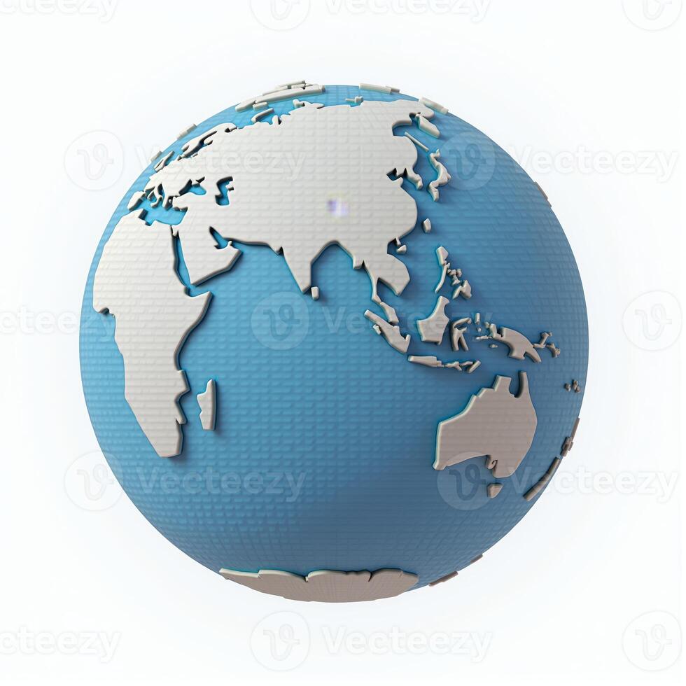 A polished 3D globe of Earth, showcasing its natural topography, set against a pure white background for a clean, modern look. photo