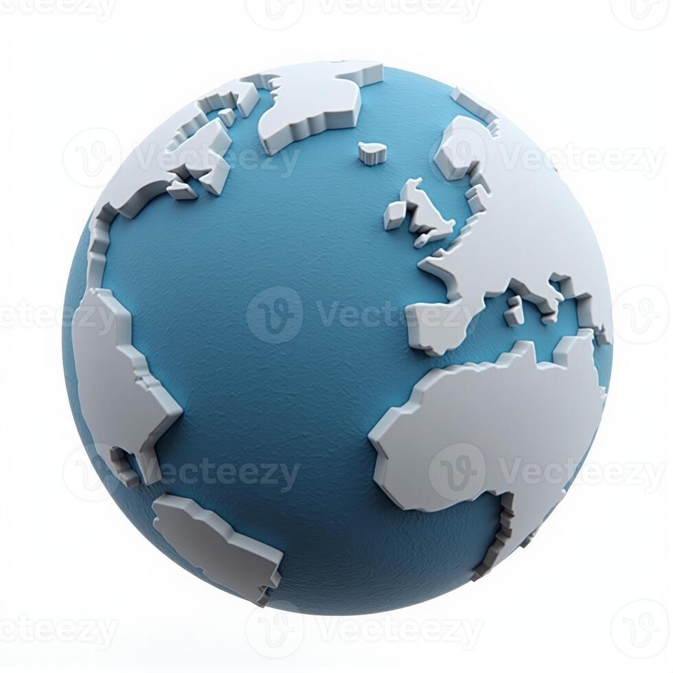 A sleek and minimalistic 3D representation of Earth, with visible continents and seas, floating in front of a solid white background. photo