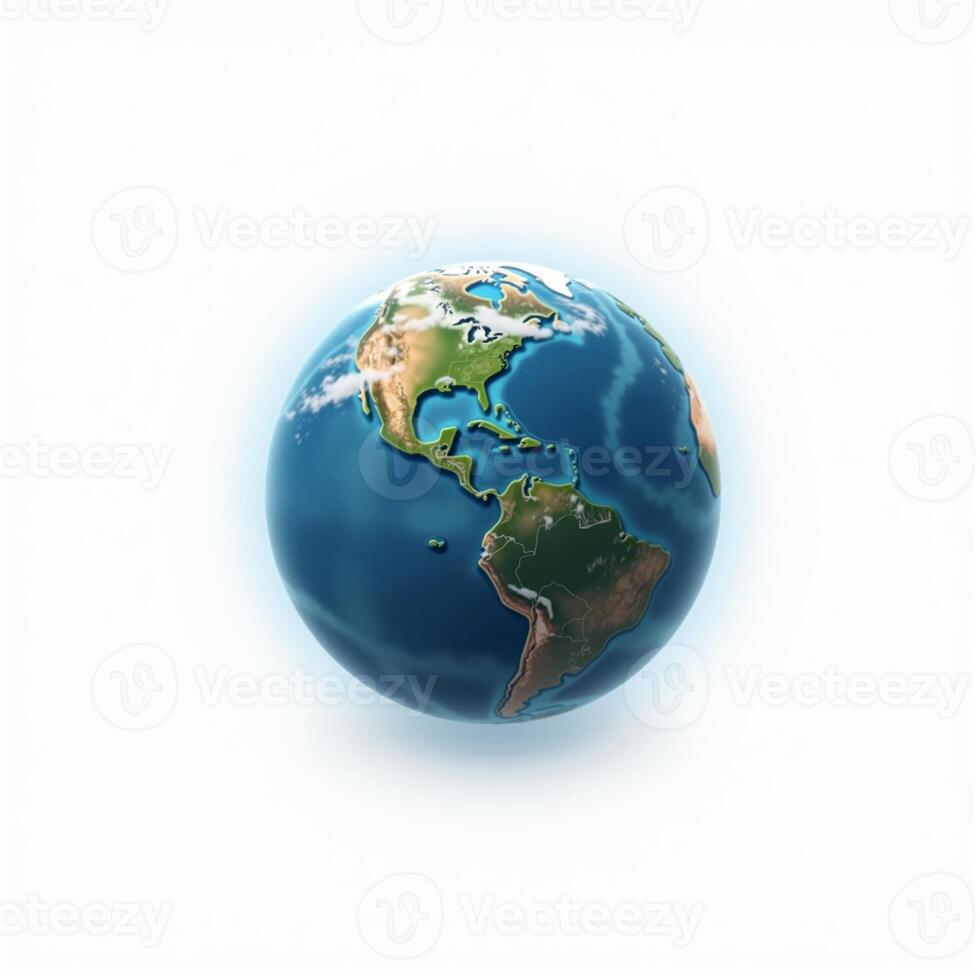 A sleek and minimalistic 3D representation of Earth, with visible continents and seas, floating in front of a solid white background. photo