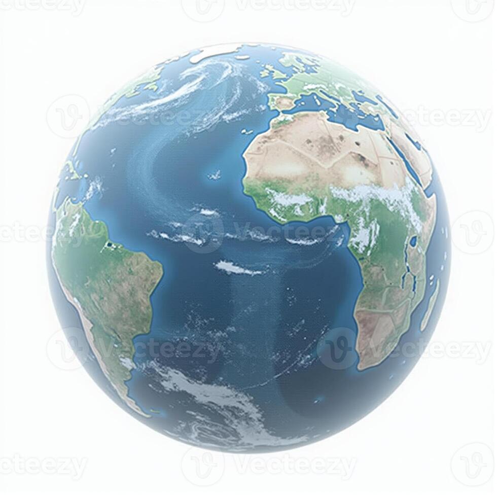 A sleek and minimalistic 3D representation of Earth, with visible continents and seas, floating in front of a solid white background. photo