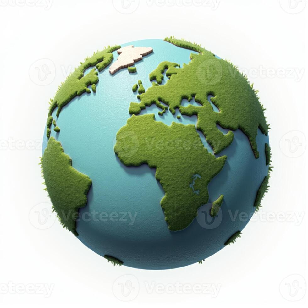 A vibrant 3D illustration of a globe, depicting Earth with clearly defined landmasses and oceans, placed on a white background. photo