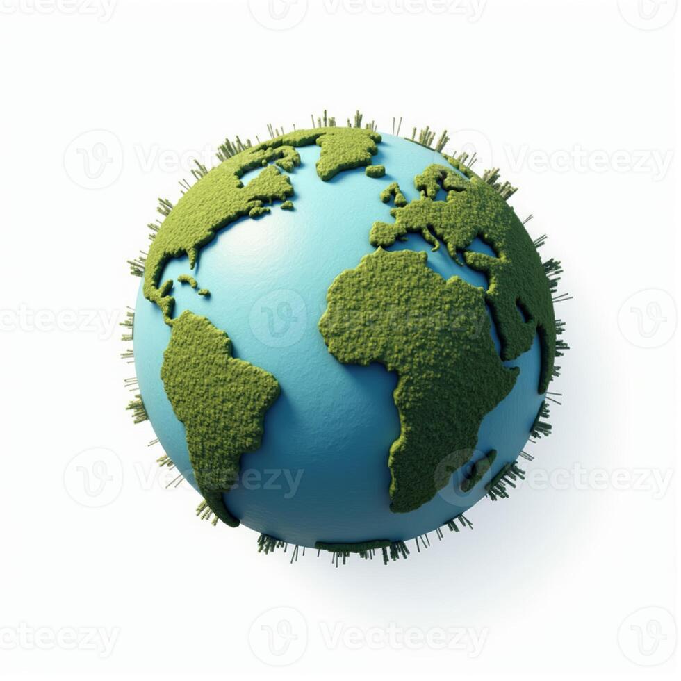 A polished 3D globe of Earth, showcasing its natural topography, set against a pure white background. photo