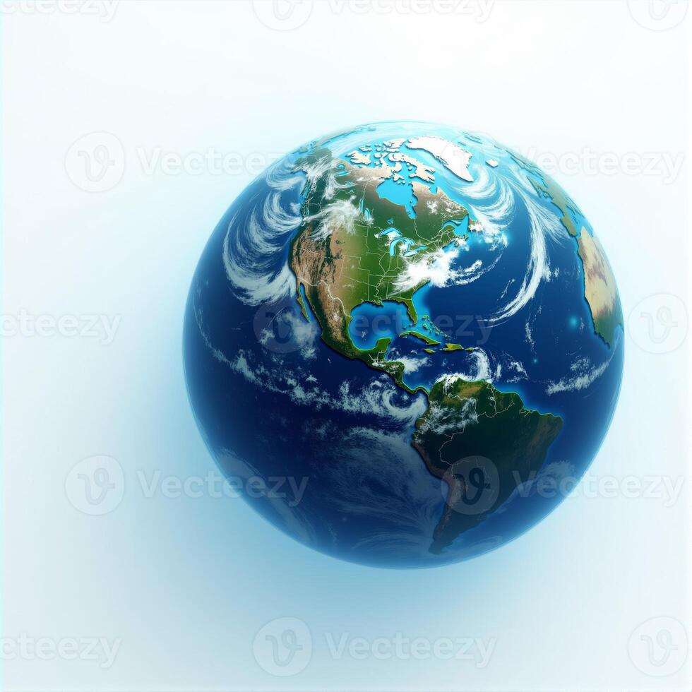 A detailed 3D rendering of a globe of the Earth, floating against a plain white background, showcasing continents and oceans. photo