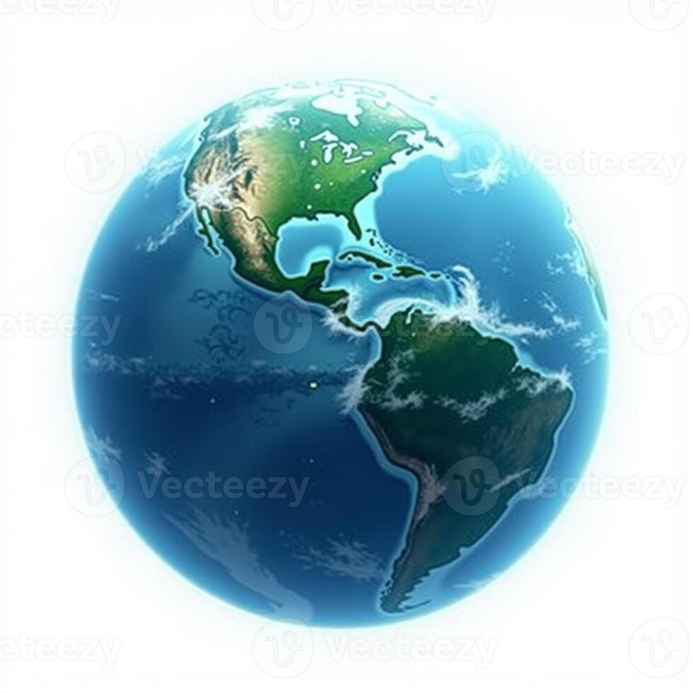 A detailed 3D rendering of a globe of the Earth, floating against a plain white background, showcasing continents and oceans. photo