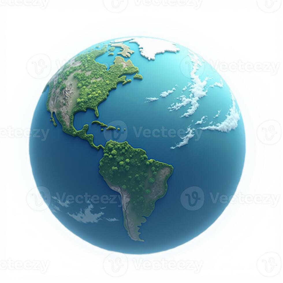 A vibrant 3D illustration of a globe, depicting Earth with clearly defined landmasses and oceans, placed on a white background. photo