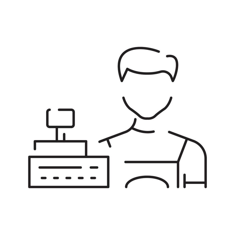 The grocery store cashier stands at the checkout with a linear icon vector