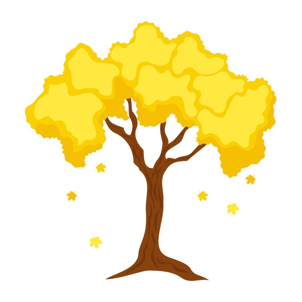 A fun, cartoon-style display of autumn trees with yellow and red leaves, set among bushes. vector