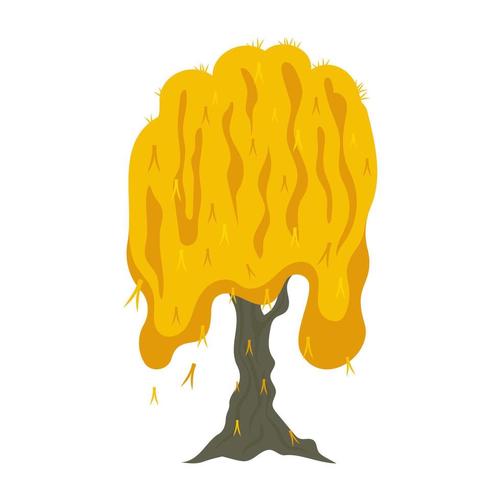 Cartoon-style autumn scene with a mix of yellow and red trees, highlighted by leafy bushes. vector