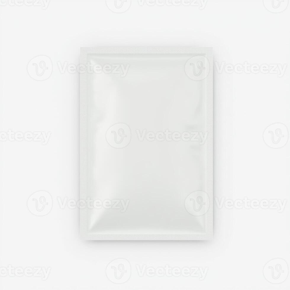 Blank white plastic sachet packaging mockup isolated on white background photo