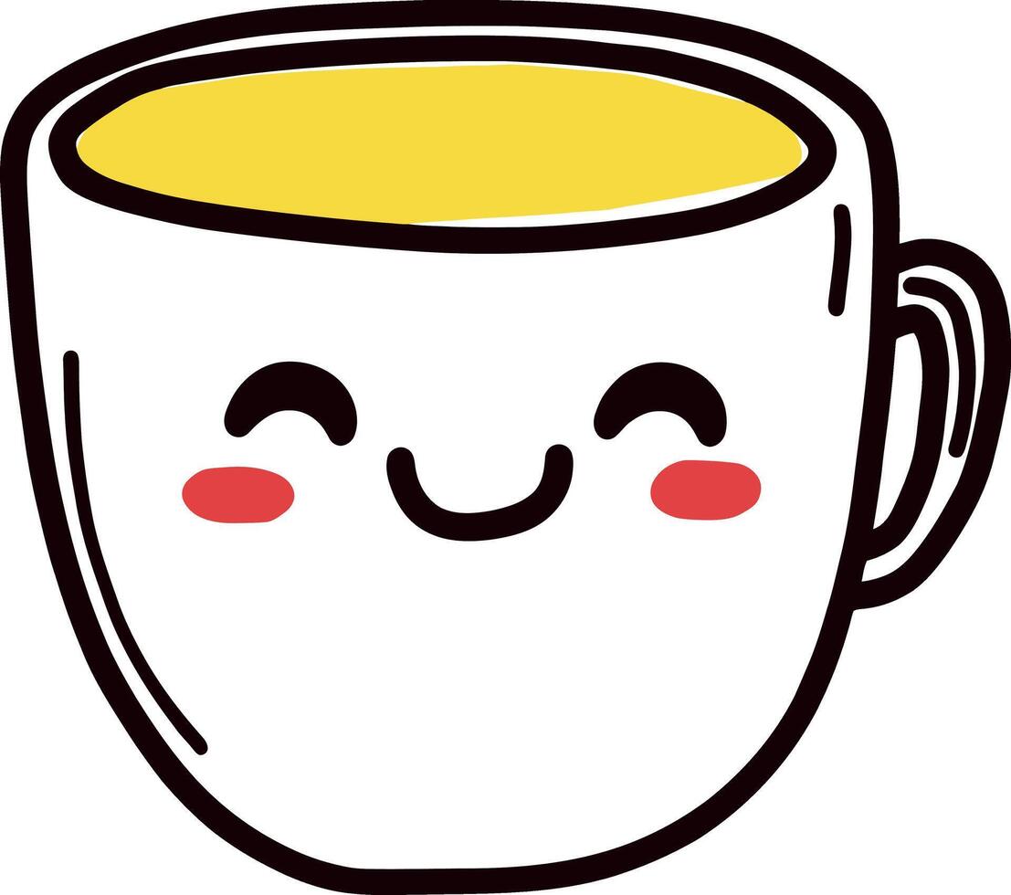 Smiling Cute Cartoon Coffee Cup with Yellow Liquid and Red Cheeks vector